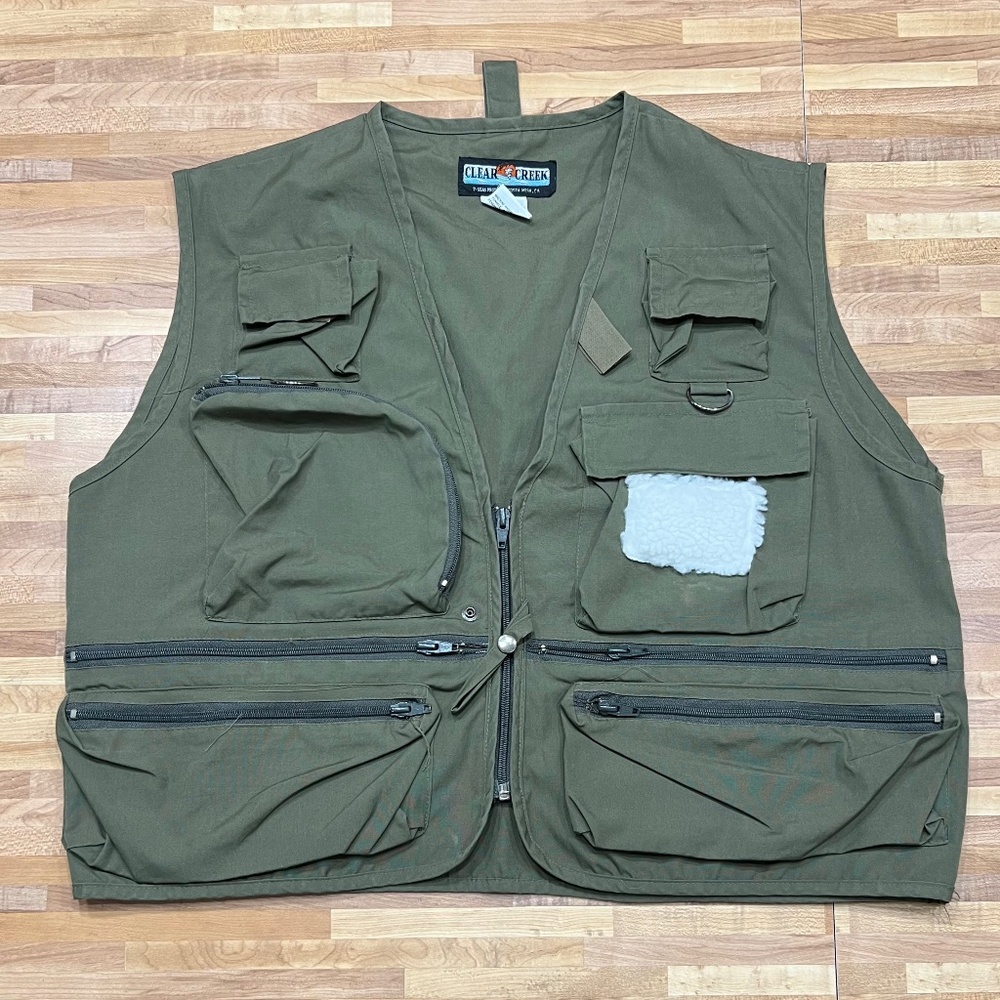 Clear Creek Fishing Vest Mens XL Fly Patch Olive Green Cargo Zip Pockets
